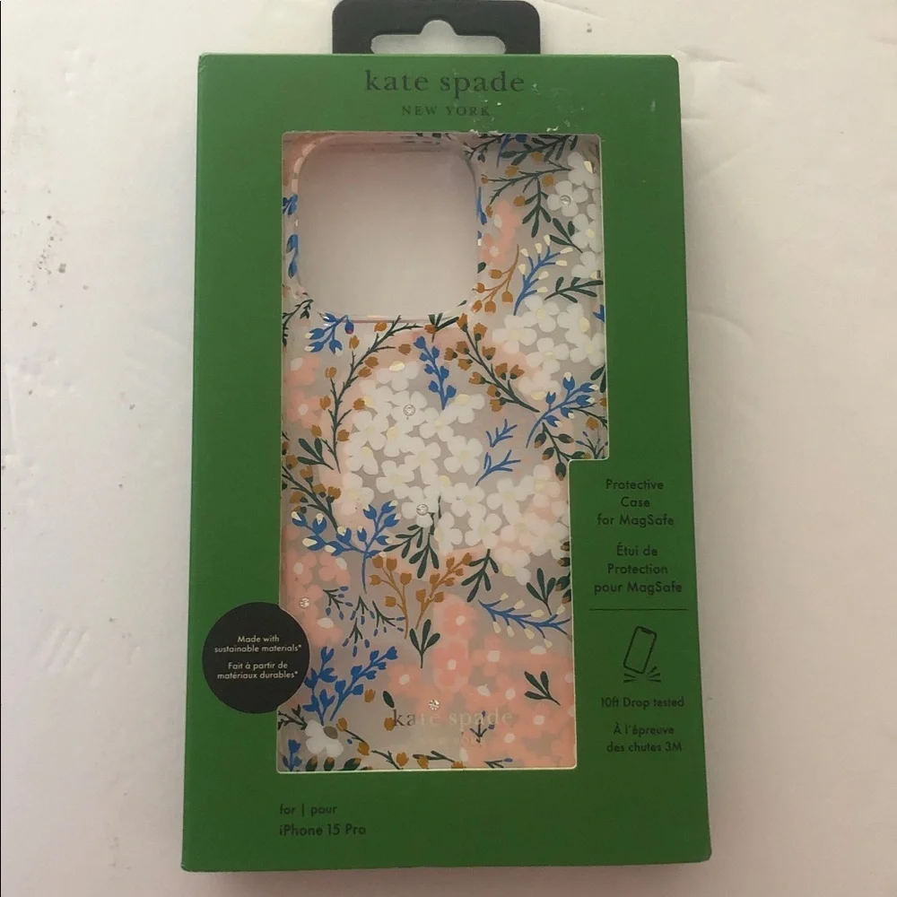 NIOB Kate Spade MagSafe iPhone 15 Pro Case - Pink and Blue Floral with Gems